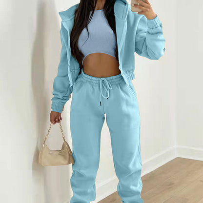 2025 Women's sporty casual hooded sweatshirt + slim-fit vest + trousers, set of 3.