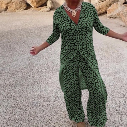 Print Button-Down Shirt & Pants 2-Piece Set